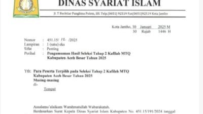 Pemkab Aceh Besar Umumkan Hasil Seleksi Kafilah MTQ Tahap II