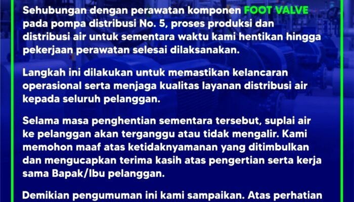 Distribusi Air Terganggu, Tirta Daroy Hentikan Sementara Produksi untuk Perawatan Pompa