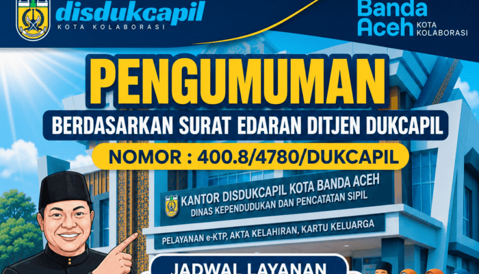 Disdukcapil Banda Aceh Tetap Buka Tanggal 14 dan 15 Mei