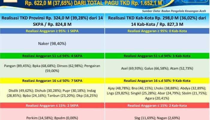 Realisasi Anggaran Tambahan TKD Aceh 2026 Capai Rp 621,96 Miliar
